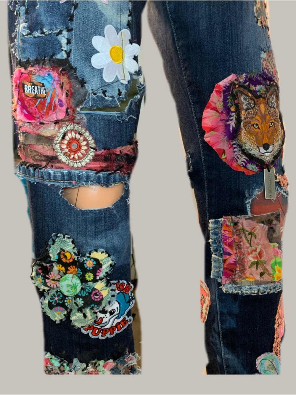 Upcycled Patchwork and Patched Embellished Dark Blue Cigarette Cut Denim Jeans - Picture 6 of 15